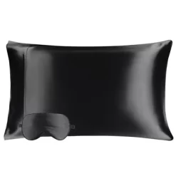 2 Pcs Queen Silk For Hair And Skin Gift Set Pillowcase And Eye Cover Black - PiccoCasa