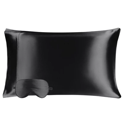 2 Pcs Queen Silk For Hair And Skin Gift Set Pillowcase And Eye Cover Black - PiccoCasa