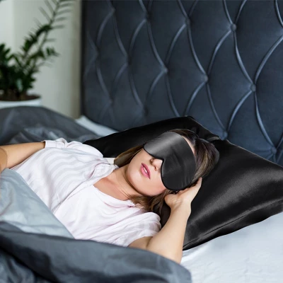 2 Pcs Queen Silk For Hair And Skin Gift Set Pillowcase And Eye Cover Black - PiccoCasa - Image 3