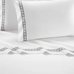 Aria 1500 Thread Count Cotton Sheet Set White With Gray Stripe Embroidery By Chic Home