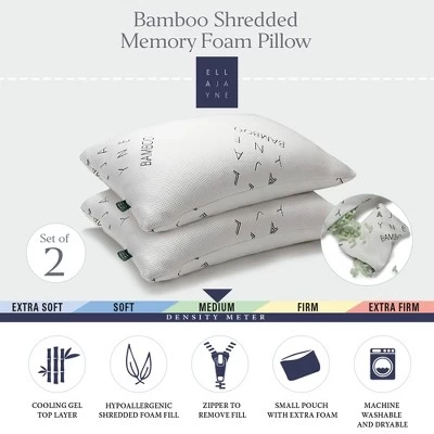 Ella Jayne Shredded Bamboo Memory Foam Pillow, Adjustable Density, With Extra Fill And Carry Pouch, Set Of 2 - Standard/Queen