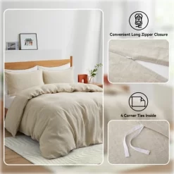 Peace Nest Luxurious 100% Premium Flax Linen Duvet Cover And Pillow Sham Set Moisture-Wicking And Breathable