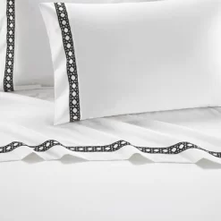 Aria 1500 Thread Count Cotton Sheet Set White With Black Stripe Embroidery By Chic Home